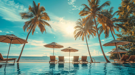 Luxury beach resort hotel pool - tropical seaside getaway with palm trees for relaxing vacationの写真素材