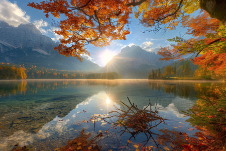 Breathtaking scenery. beautiful autumn sunset over hintersee lake on a clear and sunny dayの写真素材