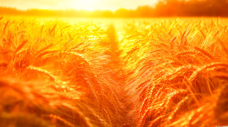 A lush, sun-kissed wheat expanse with bright amber stalks swaying against a warm, glowing sky at dusk, evoking abundance and serenity.の写真素材