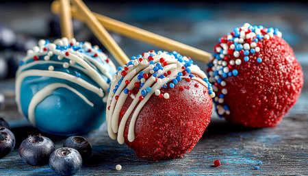Vibrant cake pops with glossy white and crimson icing, adorned with tiny sprinkles, resting on rustic wood amidst fresh blueberries, ideal for celebraの写真素材