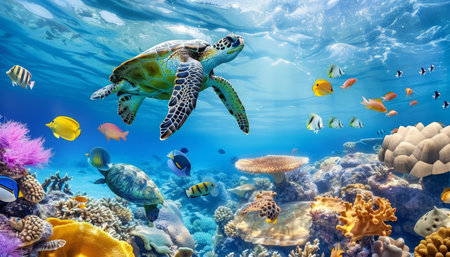 Vibrant underwater ocean scenery with diverse marine animals, including a majestic turtleの写真素材