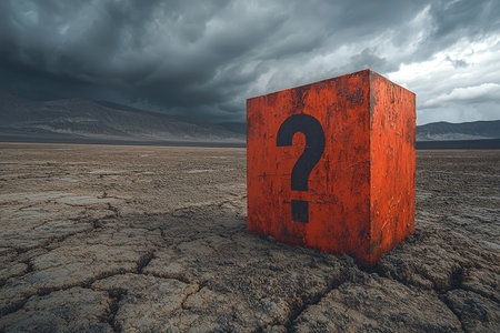 A weathered crimson cube bearing a dark symbol, set amidst dry, fractured earth beneath a menacing, cloud-laden sky, evoking mystery and desolation.の写真素材