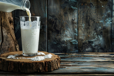 Pouring kefir, milk, or Turkish ayran drink into glass on wooden stand, rustic table settingの写真素材
