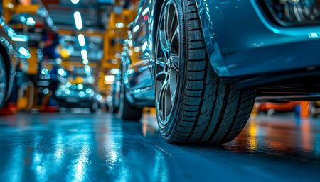 Precision-crafted radial tire mounted on a sleek wheel, illuminated by factory lighting amidst automated assembly lines in a high-tech plantの写真素材