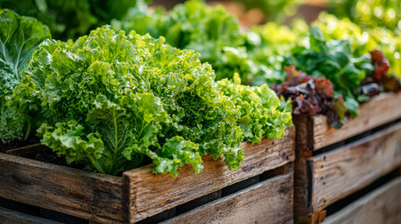 Vibrant, tender greens flourishing in weathered wooden containers evoke rustic charm and nature's bounty in a peaceful farm or garden setting.の写真素材