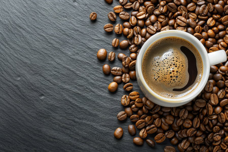 Close-up of perfectly arranged coffee beans and cup with space for text, high quality imageの写真素材