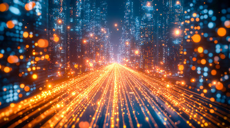 A neon-lit urban pathway brimming with holographic data flows, reflecting a high-tech metropolis's vibrant and immersive digital environment.の写真素材