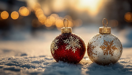 Glittering holiday decorations rest on a frosty surface, illuminated by a golden sunset, with a cozy, blurred glow enhancing festive warmth.の写真素材