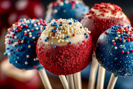 Vibrant cake pops adorned with glittering sprinkles and a sugary shell, radiating joy and perfect for celebrations or gifting occasions.の写真素材