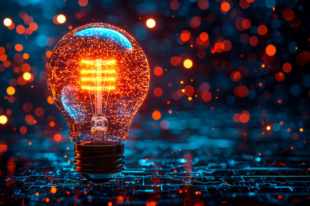 A luminous vintage filament bulb radiates warm light amidst a tech-inspired backdrop of digital sparks and intricate circuit designs, symbolizing innoの写真素材