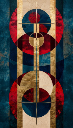 Blue red gold geometric abstract art - elegant modern wall decor - fine artwork for saleの写真素材