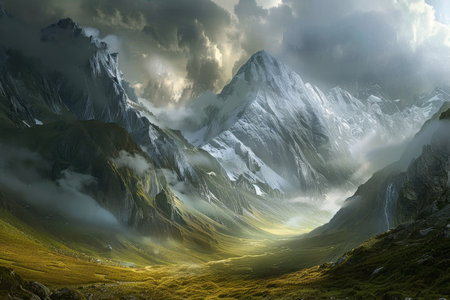 Breathtaking panoramic view of majestic mountain range in scenic natural valley landscapeの写真素材