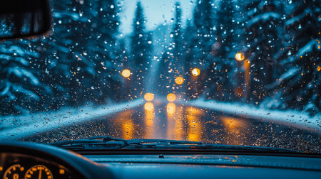 A moody winter evening captured from inside a vehicle, showing water droplets streaking the frosted glass and glowing, indistinct streetlights in theの写真素材