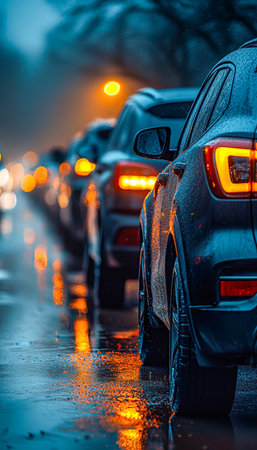 Gleaming vehicles reflect the vibrant hues of sunset through a misty rain, lining a quiet street bathed in a moody, atmospheric glow.の写真素材