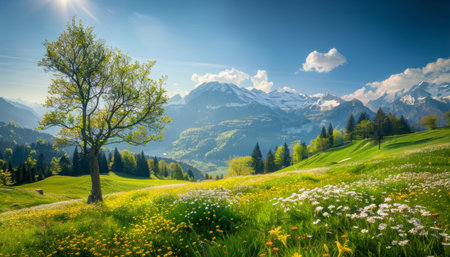 Alpine landscape with blooming meadows on a sunny day in the idyllic springtime beauty of the alpsの写真素材