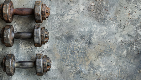 Vintage iron dumbbells for fitness or bodybuilding concept background with copy spaceの写真素材