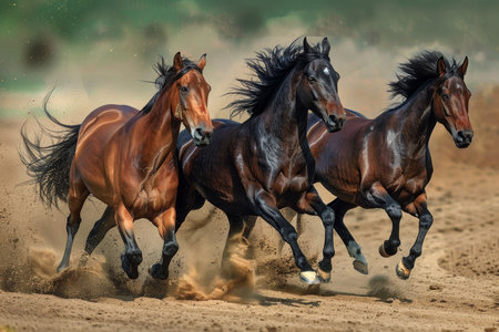 Three majestic horses galloping across a golden sandy field in high-quality imageの写真素材