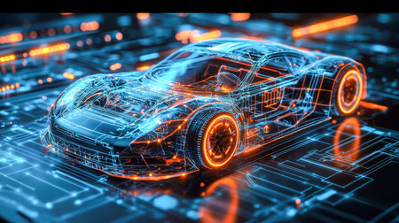 A sleek, high-tech concept vehicle featuring vibrant blue and orange illumination, set against a dark backdrop to highlight its innovative, aerodynamiの写真素材