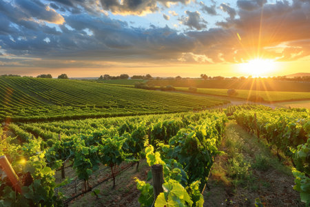 Scenic summer vineyard field landscape at sunset, ideal for nature and wine enthusiastsの写真素材
