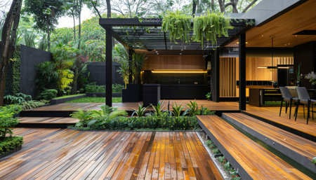 Luxurious morning garden featuring exquisite teak wood deck and sophisticated black pergola designの写真素材