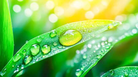 A detailed shot of a lush green leaf glistening with droplets, illuminated by warm sunlight against a colorful, blurred backdrop of nature.の写真素材