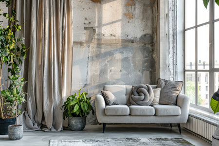 Industrial loft living room with concrete wall, gray sofa, pillows, curtains, windows, and plantsの写真素材