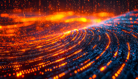 Dynamic stream of vibrant orange and cool blue lights weaving through a high-tech, futuristic data network, creating an energetic digital ambianceの写真素材