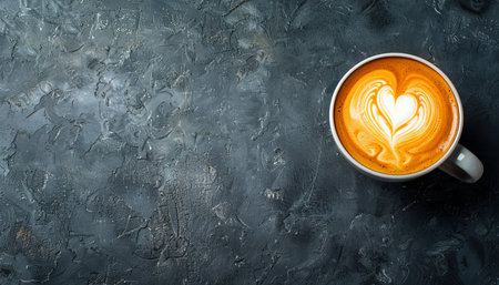 High quality top view cup of latte coffee with heart shaped art on dark background with copy spaceの写真素材