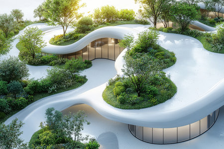 An innovative structure blending sleek, curved lines with thriving plant life, embodying sustainability and harmony with nature in a contemporary settの写真素材