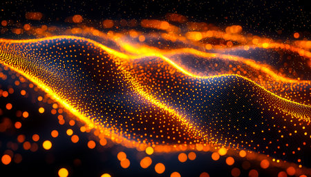 Dynamic swirl of luminous digital particles streaming in energetic orange and yellow hues, evoking motion and modern technological energy.の写真素材