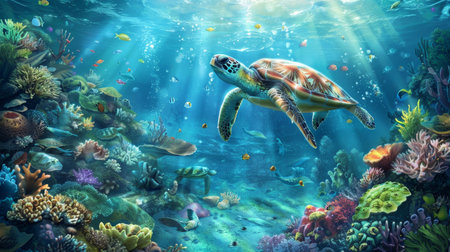 Colorful underwater marine life scene with diverse sea creatures and majestic turtleの写真素材