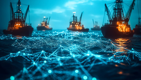 A vibrant sunset bathes drilling platforms while a glowing digital grid connects energies beneath the waves, symbolizing innovation in offshore resourceの写真素材