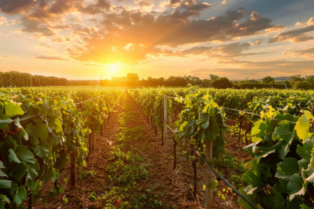 Gorgeous golden hour scenery of a lush summer vineyard field at stunning sunsetの写真素材