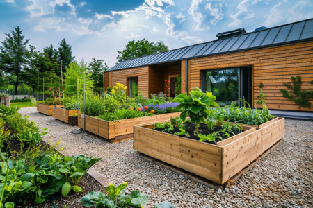 Raised wooden beds in modern garden with plants, herbs, vegetables, and flowers in countrysideの写真素材