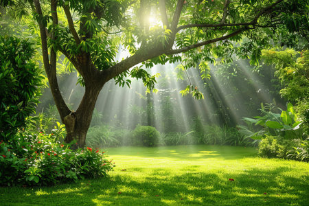 Peaceful sunny day in lush forest with radiant sunlight rays shining through the green foliageの写真素材