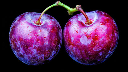 Juicy, freshly picked plums glisten with dew-like droplets, set against a stark dark backdrop highlighting their vibrant color and plump texture.の写真素材