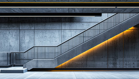 A sleek, minimalist concrete staircase illuminated by soft, amber-hued lighting, creating a cozy, contemporary ambiance suitable for stylish interiorsの写真素材