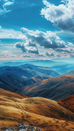 Beautiful scenic panorama mountain landscape on a sunny autumn day with vibrant colorsの写真素材