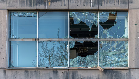 Close-up of damaged office window pane with shattered glass - vandalism or accident conceptの写真素材