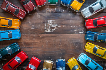 Colorful toy car collection in circle, top view in childrens playroom, fun playtime activity