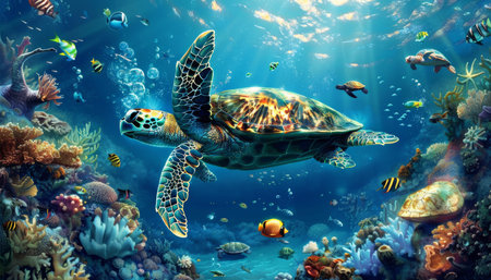 Colorful underwater photograph of diverse marine animals and a large turtle swimming gracefullyの写真素材