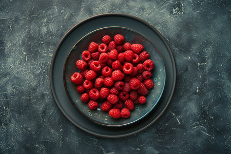 Fresh sweet red raspberries top view, high-quality photo frame, ripe organic berries backgroundの写真素材
