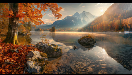 Stunning autumn sunset at hintersee lake, perfect for nature photography and landscapesの写真素材