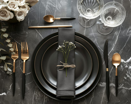 Elegant fine dining table setting for wedding menu invitation and romantic event dining decoration