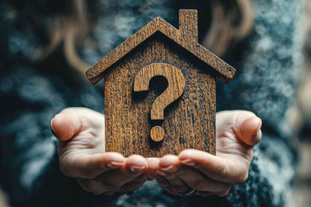 A person presenting a small wooden house with a central cutout shaped like a question mark, evoking themes of housing inquiries and real estate uncertの写真素材