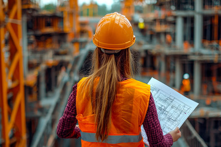A focused female engineer analyzes detailed plans amid a busy construction area, highlighting...