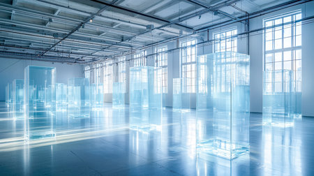 Sleek, expansive glass cabinets shine amid a luminous, contemporary industrial interior, blending technology with minimalist design for versatile exhiの写真素材