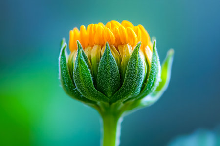 An up-close view of a lively yellow flower still in bud, framed by lush green foliage, with a softly blurred backdrop emphasizing fresh natural beautyの写真素材