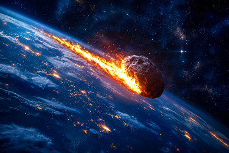 A dramatic view of a fiery asteroid hurtling through space towards Earth, streaking with intense glow against a shimmering star-studded cosmos.の写真素材