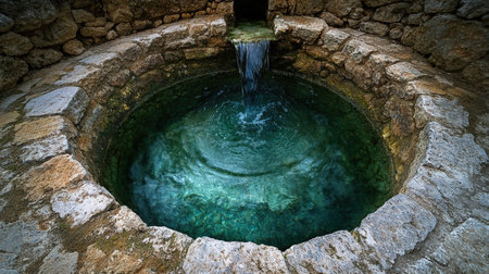Old stone hand-dug well with trickling water surrounded by weathered wood and lush greenery, evoking timeless rural charm and tranquility.の写真素材